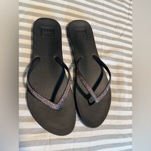 Reef Stargazer Black Flip Flops with Glitter Straps Women’s Size 11 Like New